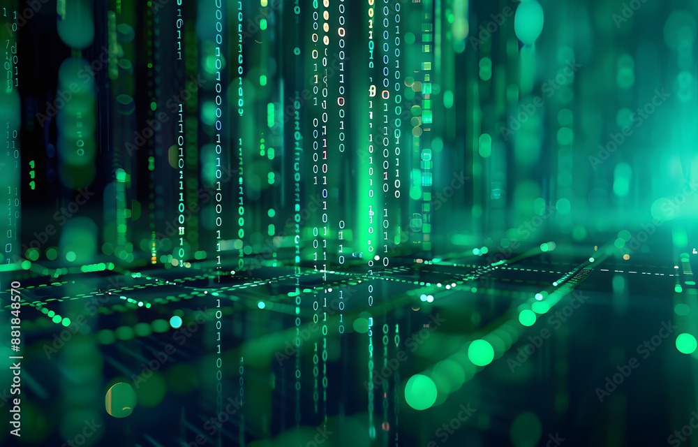 Poster digital binary code data streaming on a dark, greenish abstract background, reflecting the concept o