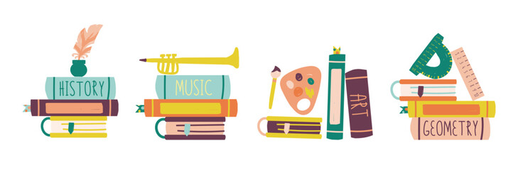 Back to school. set of clip arts textbooks with subjects: history, music, art and geometry. Flat hand drawn vector illustration.