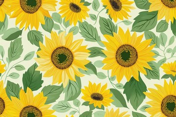 Seamless pattern with flowers and leaves. Hand drawn background. Floral pattern for wallpaper, fabric, textile, fashion, print, Sunny Daisy Elegance, Sunflower Yellow and Sage Green, Graceful Floral