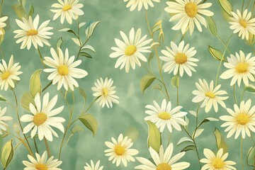 Seamless pattern with flowers and leaves. Hand drawn background. Floral pattern for wallpaper, fabric, textile, fashion, print, Natural Simplicity, Sunflower Yellow and Sage Green, Graceful Daisy