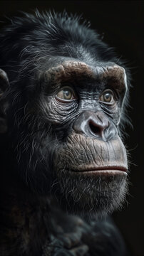 Close-up portrait of an australopithecus in dark setting