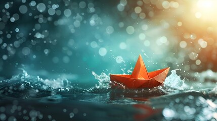 A single, orange paper boat floating on a body of water, with bokeh blur in the background.