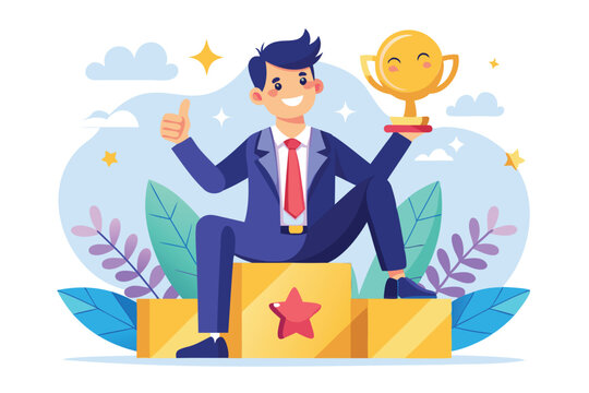 Happy businessman sitting on giant award medal, giving thumbs up to himself, representing self-promotion, encouragement, and positive thinking for success