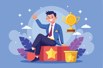 Happy businessman sitting on giant award medal, giving thumbs up to himself, representing self-promotion, encouragement, and positive thinking for success