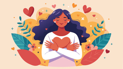 Happy woman hugging herself with hearts, symbolizing self-care, well-being, and a balanced lifestyle for managing stress and maintaining health