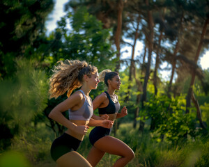 Female runners happy jogging in sportswear. Athletic women exercising in park. Happy female runners.