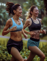 Fototapeta premium Female runners happy jogging in sportswear. Athletic women exercising in park. Happy female runners.