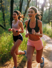 Female runners happy jogging in sportswear. Athletic women exercising in park. Happy female runners.