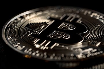 Close-Up of Shiny Bitcoin Coin on Dark Background, cryptocurrency, digital currency, financial, value