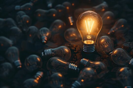 Glowing Lightbulb Illuminating Dark Area with Copy Space, glowing lightbulb, creative ideas, breakthroughs, non-functional bulbs