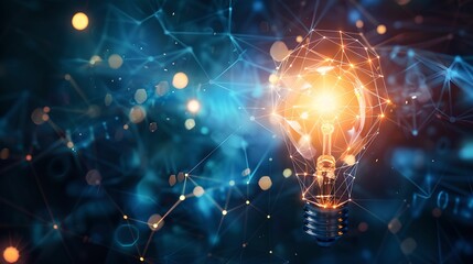 Polygon Light Bulb with Blockchain Network HUD, polygon light bulb, idea, blockchain network, glowing lines