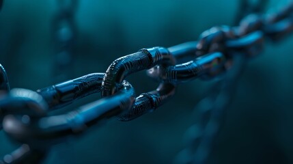 Artistic 3D Digital Chain with Transparent Links, 3D depiction, digital chain, transparent links, dark blue gradient background