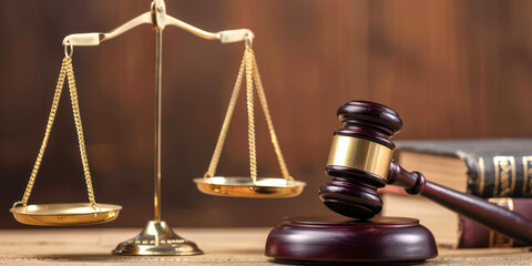 Gavel and scales of justice on a wooden table with a blurred background.