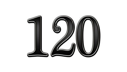 black metal 3d design of number 120 on white background.