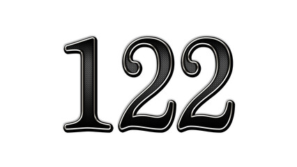 black metal 3d design of number 122 on white background.