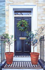 Festive London Door with Xmas Wreath