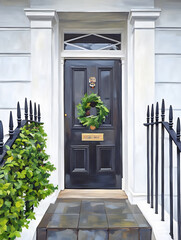 Festive London Door with Xmas Wreath