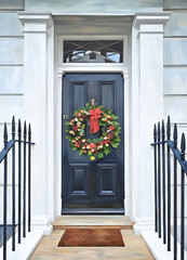 Festive London Door with Xmas Wreath