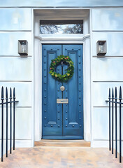 Festive London Door with Xmas Wreath