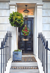 Festive London Door with Xmas Wreath