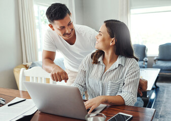 Couple, happy and laptop connection with documents for family expenses, savings spreadsheet and...