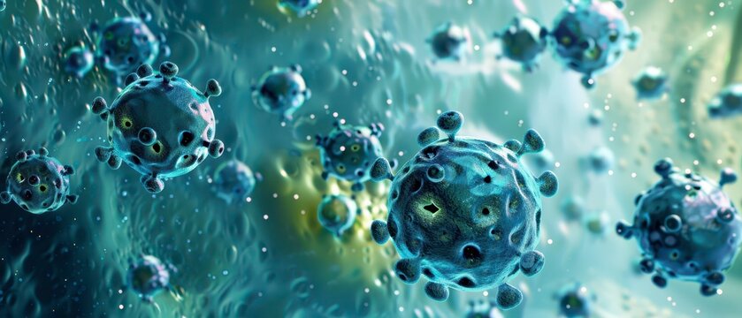 Microscopic View of Coronavirus Particles in a Blue Fluid