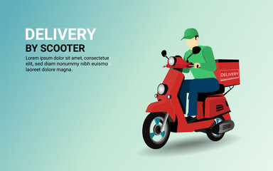 Fast delivery man by scooter. Online food order, e-commerce, Smart Logistic, Food delivery, Motorcycle, Ride scooter to deliver package. Parcel Box. Concept for website. 3D Vector illustration