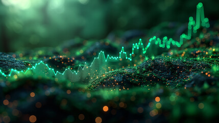 Futuristic green stock market graph rising over digital landscape, depicting financial growth and data visualization. Concept of economic trends, investment, and technological advancement.