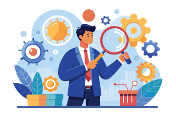 Smart businessman analyzing cogwheels with magnifying glass, representing problem-solving, process improvement, and efficient project management in business development