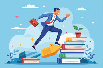 Obraz premium Smart Businessman Jumping Over High Books Stack to Gain Knowledge and Wisdom for Career Opportunities