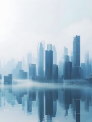 Obraz premium A misty cityscape with tall buildings reflected in the water. The image is rendered in a blue and white color palette, creating a sense of serenity and calm.