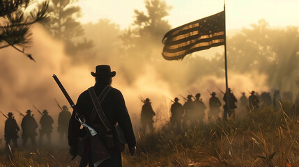 American Civil War soldier silhouette. Misty battlefield with flag. Troops marching. Atmospheric historical scene. Dramatic wartime depiction.