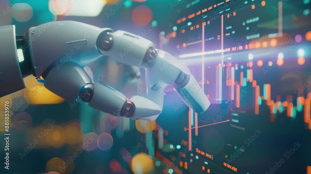 Poster a robot is extending its arm to touch a digital screen in a technological setting, implementing trad