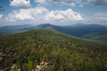 The serene landscape captures a variety of mountains surrounded by trees against a cloudy backdrop, creating a peaceful and beautiful natural scene perfect for relaxation and contemplation