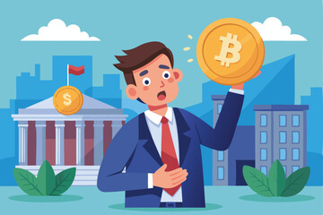 Surprised Businessman Holding Bitcoin, Faced with Government Demanding Tax on Crypto Currency Profits