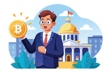 Surprised Businessman Holding Bitcoin, Faced with Government Demanding Tax on Crypto Currency Profits