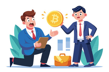 Obraz premium Surprised Businessman Holding Bitcoin, Faced with Government Demanding Tax on Crypto Currency Profits