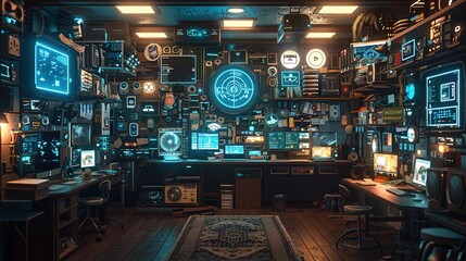 Fototapeta premium Immersive Smart Home Concept with Various Connected Devices and Appliances Showcasing Internet of Things. Wide-Angle Low-Angle Shot Demonstrating a Modern Living Room with IoT Technology Integration.