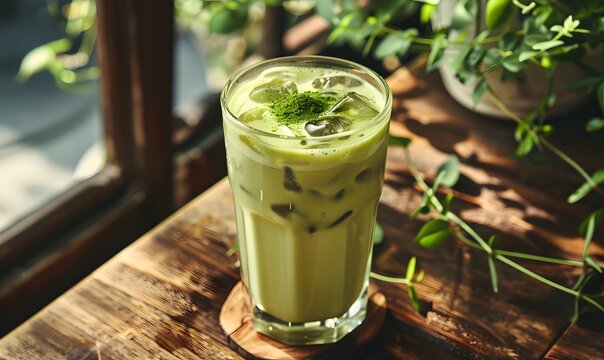  glass of iced matcha latte , Generative AI