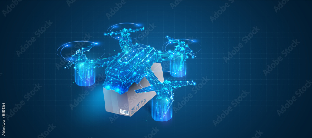 Leinwandbilder AI Drone Delivery Icon, Logistics Automation. Isolated Vector Blue Polygonal Drone with Package, Symbolizing Technology, and Innovation Concepts for Tech Projects. Vector illustration