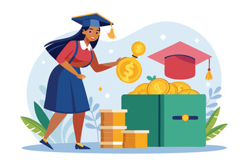 Young Woman Inserting Coin into Mortarboard Savings Box, Investing in Education Fund for College Tuition and Degree
