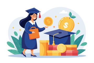 Young Woman Inserting Coin into Mortarboard Savings Box, Investing in Education Fund for College Tuition and Degree