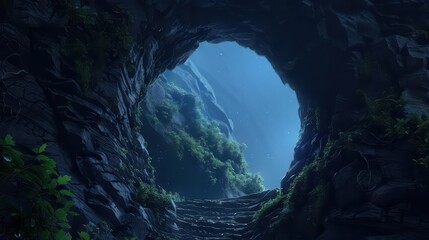 A supernatural scene unveils a majestic cliffside where radiant stones form a natural staircase leading to a hidden cave