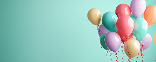 A birthday background featuring an assortment of colorful balloons, against a light teal background, providing ample space for text.
