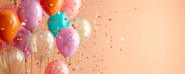A colorful birthday party background with balloons in different hues, against a soft peach background with space for text.