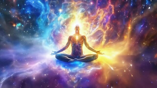 meditating silhuette of a man spirit on galaxy space background, colorful energy flow, 4k new quality colorful stock video footage AI