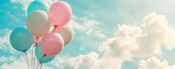 A whimsical background with pastel balloons, against a cloudy sky background, providing ample copy space.