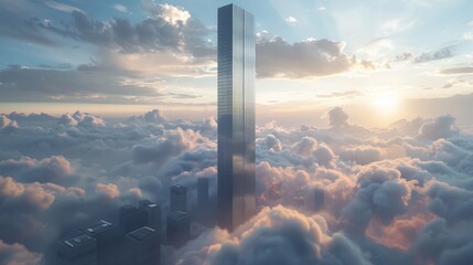 A realistic 3D rendering of a modern skyscraper surrounded by clouds, showcasing architectural and engineering excellence in construction.