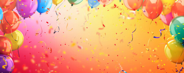 A vibrant birthday card background with a border of colorful balloons and streamers, leaving a blank area in the center for a message.