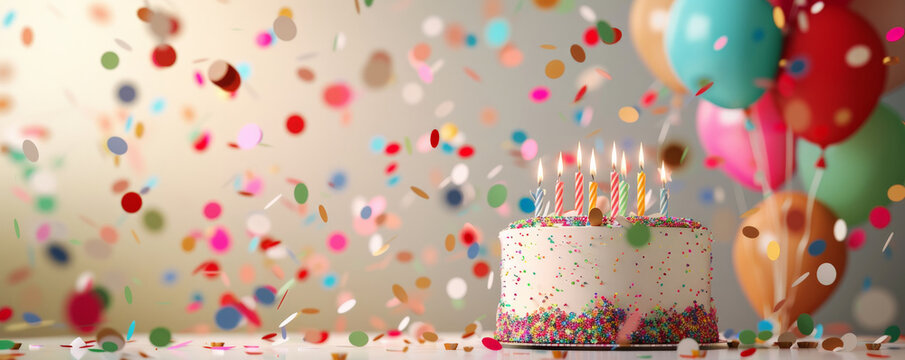 A cheerful background with a birthday cake, candles, and balloons against a confetti-filled backdrop, leaving room for copy.